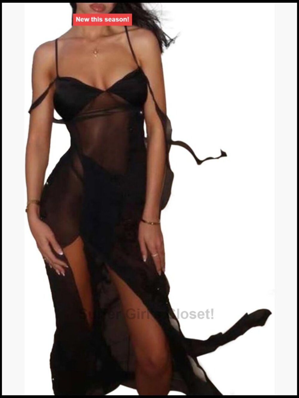 Sheer Mesh Spaghetti Strap Midi Dress V-Neck See Through Club Bodycon